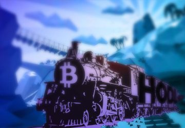 Graphic illustration of an wild-west styled train with a Bitcoin logo at the front hurtling through the countryside