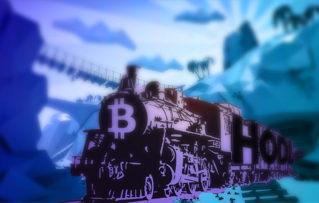 Graphic illustration of an wild-west styled train with a Bitcoin logo at the front hurtling through the countryside
