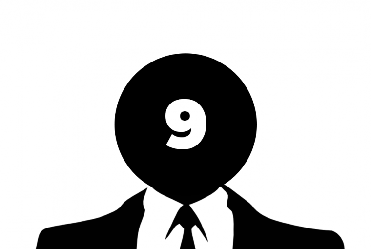 An anonymous suited man, with the number 9 superimposed over his face