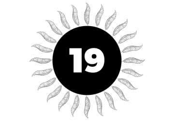 The number 19 in a black circle surrounded by rotated feathers