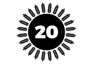 The number 20 in a circle encircled by sheathes of wheat, representing Blockgrain