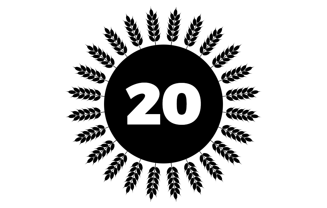 The number 20 in a circle encircled by sheathes of wheat, representing Blockgrain